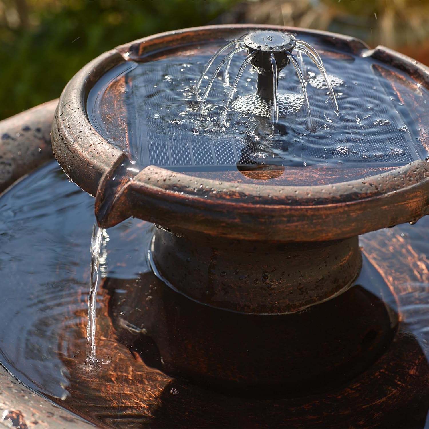 Smart Solar Chatsworth IntelliSolar® 2-Tiered Outdoor Solar-Powered Fountain with Remote, Bubbler, and Spray, Classic Pedestal Solar Garden Fountain, Bronze