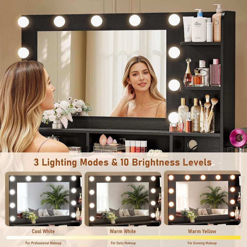 Driftalia Vanity Desk with Mirror and Lights, Makeup Vanity with Storage Drawer, Power Outlet and Large Cabinet for Bedroom - Black