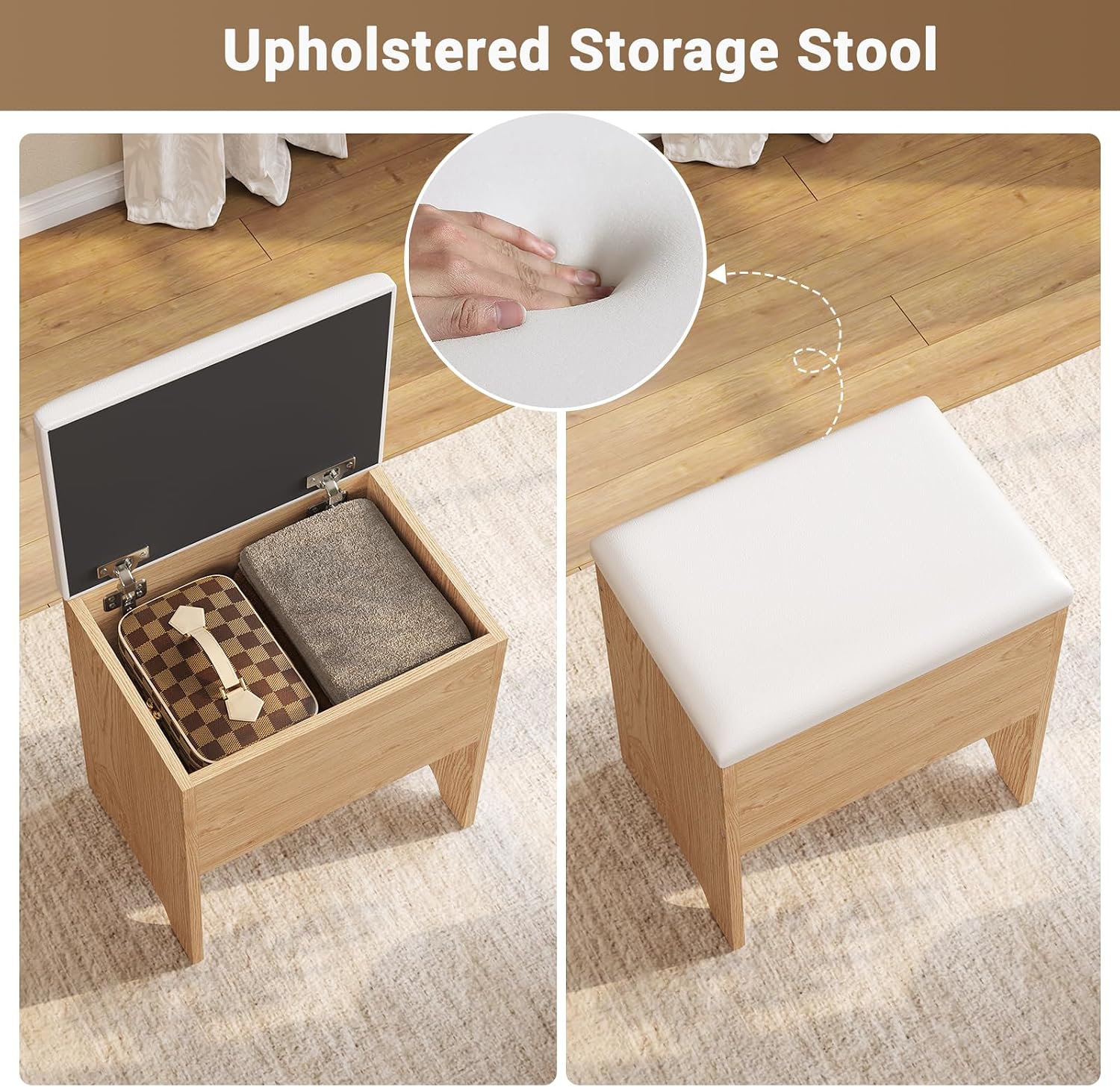 BTHFST Corner Vanity Desk with Lights and Charging Station, Makeup Vanity with Lights, Vanity Set with Mirror and Storage Stool, Makeup Table with Drawers, Rotating Shelves (Natural Oak)