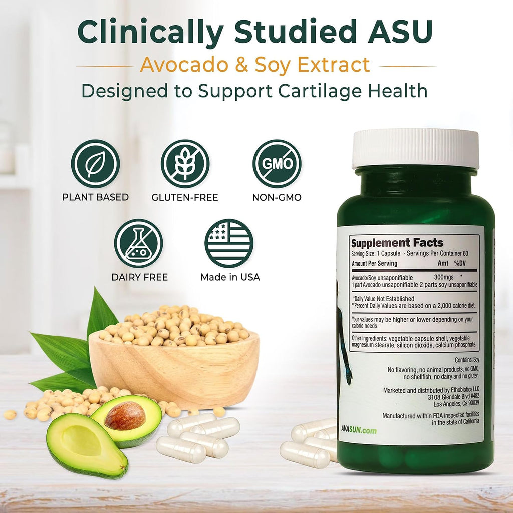 ASU Joint Support Supplement – 300mg Avocado Soy Unsaponifiables for Joint Comfort, Mobility & Cartilage Health, Clinically Studied, Plant-Based, Non-GMO, Gluten-Free, 60 Capsules (12 Month Supply)