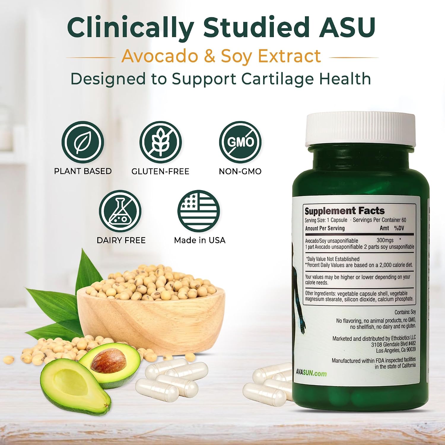 ASU Joint Support Supplement – 300mg Avocado Soy Unsaponifiables for Joint Comfort, Mobility & Cartilage Health, Clinically Studied, Plant-Based, Non-GMO, Gluten-Free, 60 Capsules (12 Month Supply)