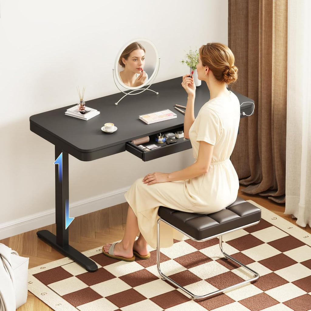 FLEXISPOT Electric Standing Makeup Vanity Desk with Drawer and USB Charge Ports&Child Lock, 48' Height Adjustable Whole-Piece Quick Install Dressing Table for Women Girls Bedroom Dressing Room, Black