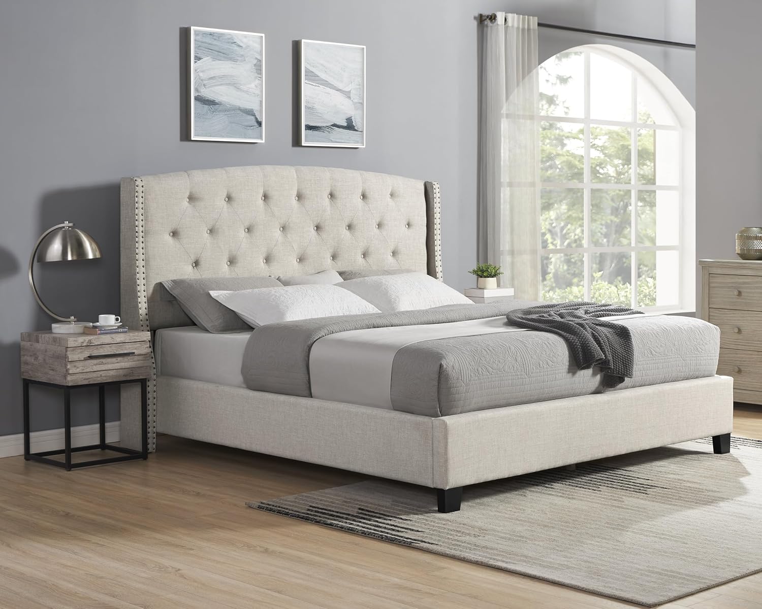Roundhill Furniture Astral 3-Piece Upholstered Bedroom Set, Tufted Wingback Bed with Two Gray Nightstands, Queen