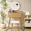 Glass Top Vanity Desk with Mirror and Lights, Small Makeup Table with Cushioned Stool, 2 Drawers Compact Vanity for Small Spaces with 6 Grid Organizer, 3 Lighting Modes, Natural Oak