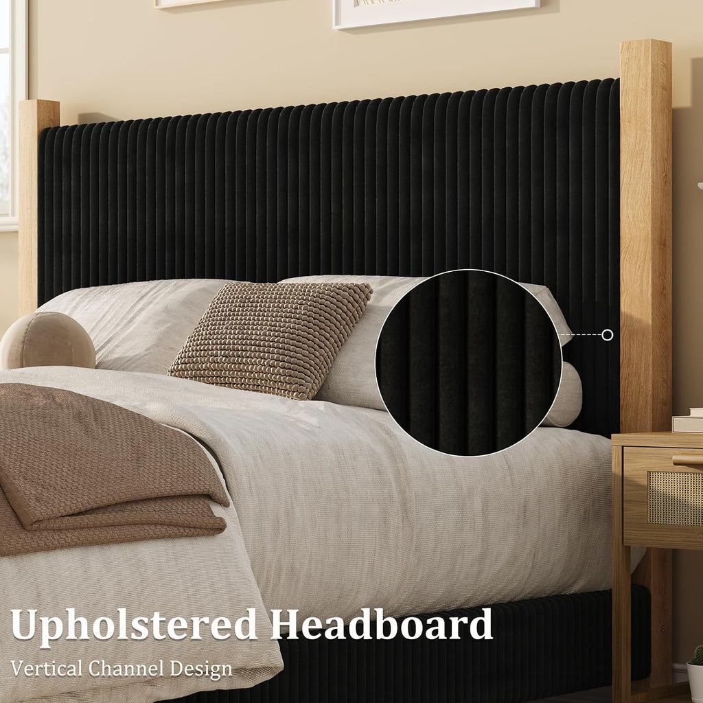 HOMBCK Queen Size Bed Frame with Headboard, Corduroy Upholstered Bed Frame Queen, No Box Spring Needed, 4 Solid Wood Support, Noise-Free, Easy Assembly for Couples, Master Bedrooms, Black