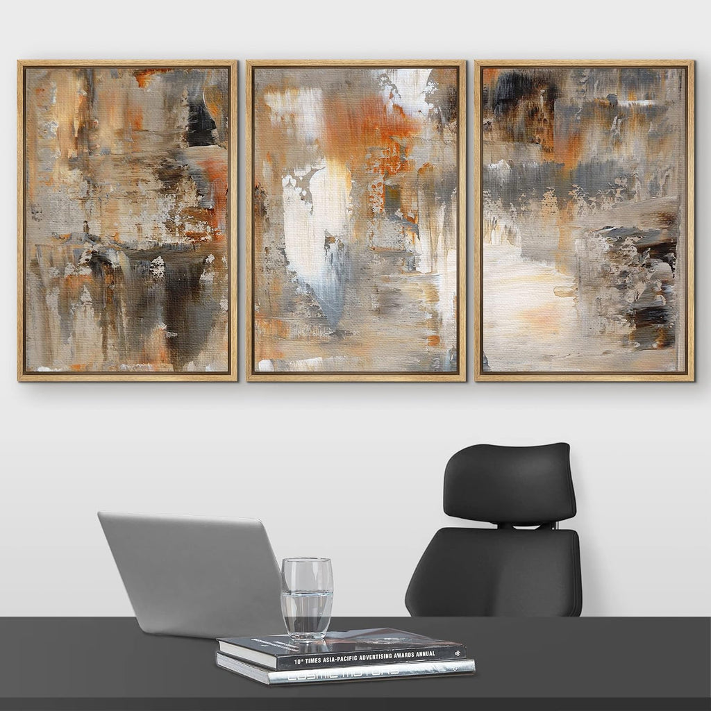 wall26 Framed Canvas Print Wall Art Set Black, White & Orange Brushstrokes Abstract Shapes Illustrations Modern Art Chic Colorful Multicolor Ultra for Living Room, Bedroom, Office - 24'x36'x3 Natural