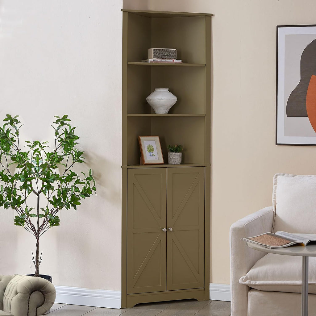 Kings Brand Furniture Tall Wooden Corner Cabinet with 2 Doors and 5 Shelves Storage Shelf Organizer, Home Space Saver, Bathroom, Kitchen, Living Room, Lemon Pepper