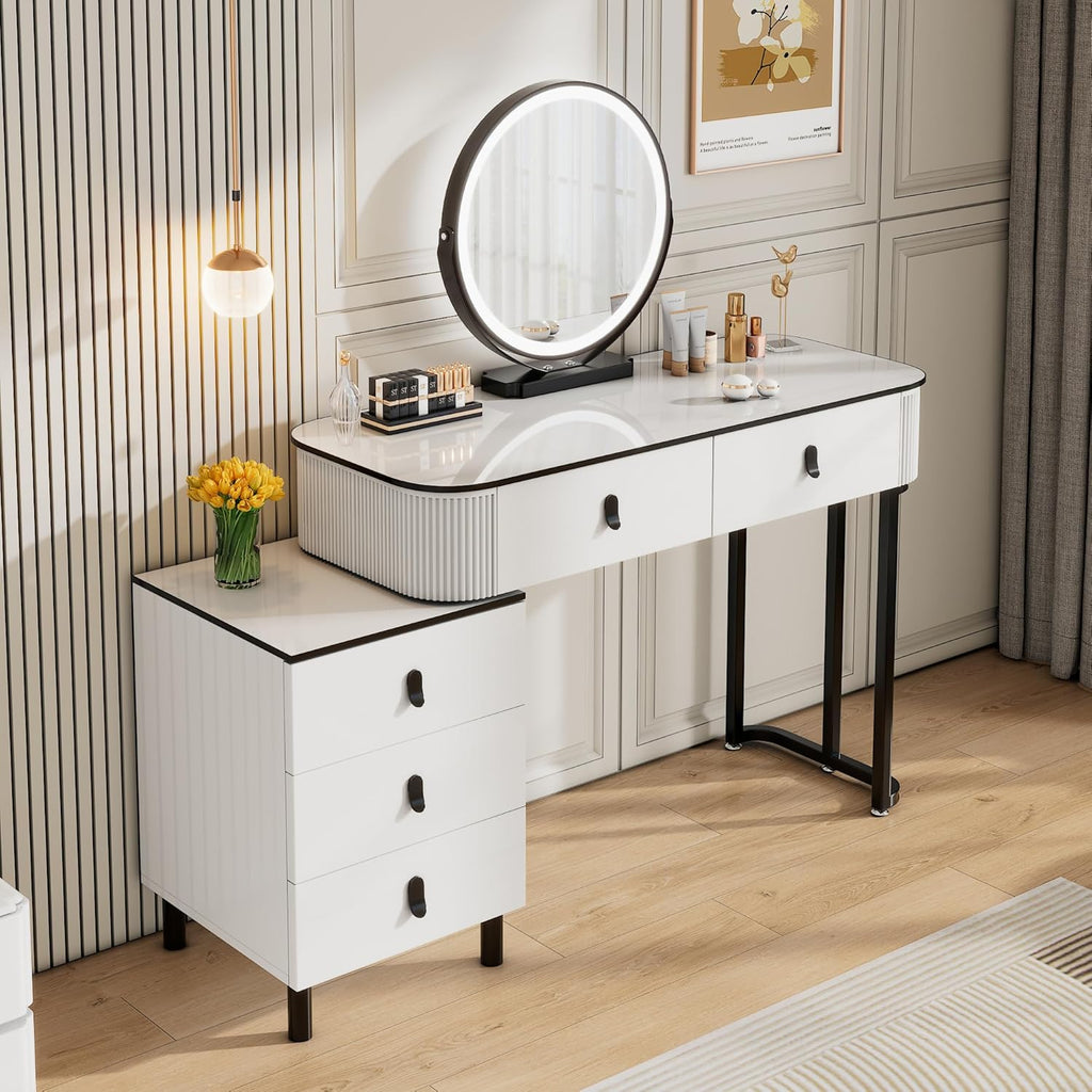 KDCAS Small Makeup Vanity Desk with Mirror and LED Lights | Modern Fluted Vanity Table with Drawers and Reversible Adjustable Side Cabinet (39.37'–51.2') | Space-Saving White Vanity Desk for Bedroom