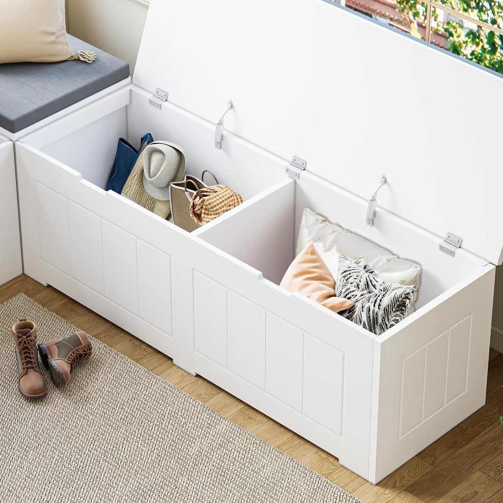 L-Shaped Corner Storage Bench Compartments & Cushioned Seat, Kitchen Breakfast Nook Bench with Hidden Storage, Wood Flip-Top Shoe Benches for Entryway Cloakroom, White & Grey