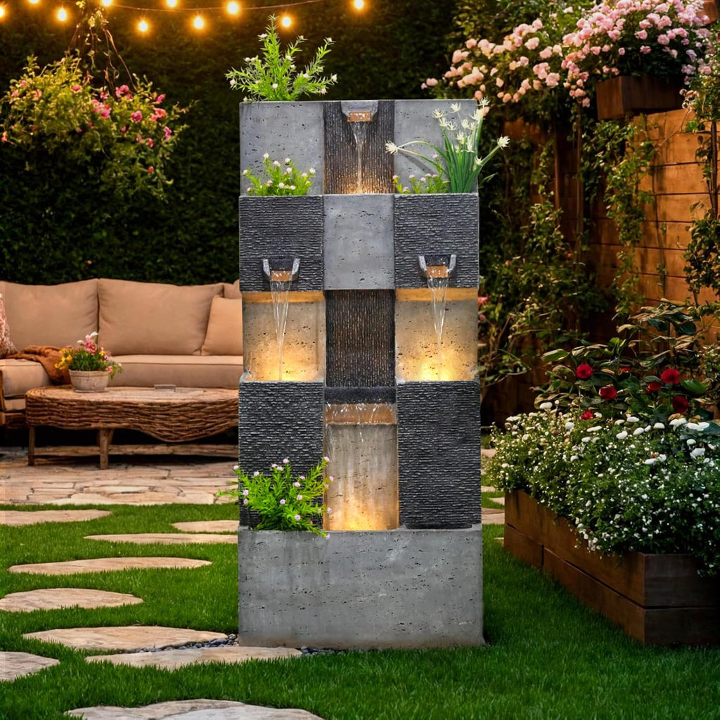 Bumilgar 44.8' H Modern Outdoor Water Fountain with LED Lights and Pump, Mutiply-Tier Standing Cascading Waterfall - Modern Design for Garden,Patio,Yard, Multi-Level Outdoor Decor (Gray)