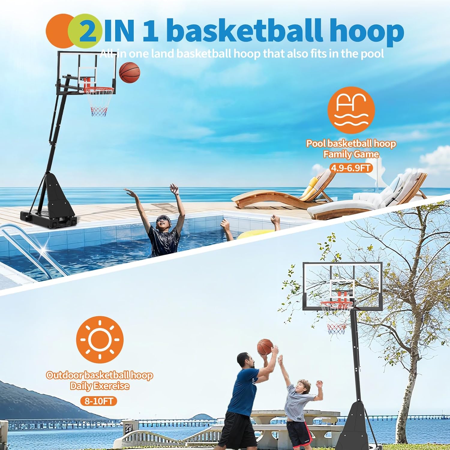 GarveeLife Basketball Hoop, 52 Inch Shatterproof PC Backboard, 4.9-10FT Height Adjustable Basketball Hoop Goal System,Mobile Stand with Wheels Weighted Base,Youth&Adults, Driveway Backyard Pool Play