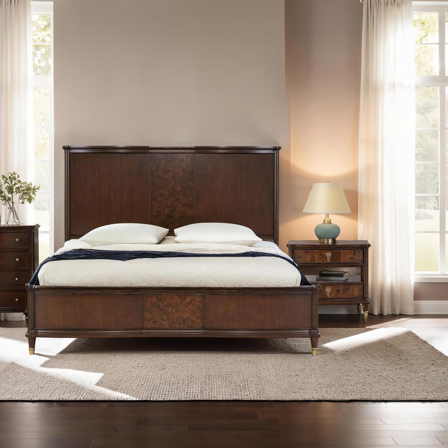 Furniture of America Aiyana Solid Wood 2-Piece Bedroom Set with LED on Headboard Bed, Power Outlet and USB Charging Ports on Nightstand, Box Spring Required, Queen, Dark Cherry