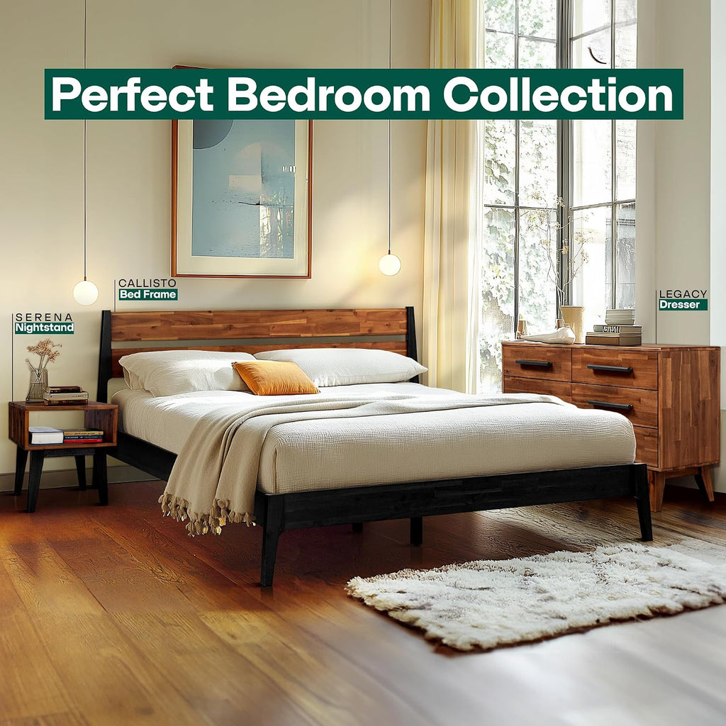 Acacia Callisto Bed Frame with Headboard Solid Wood Platform Bed, 800 lbs Capacity Bed Frame, Contemporary Signature Wood Bed Compatible with All Mattress Types (Black Ristretto + Nighstand, King)