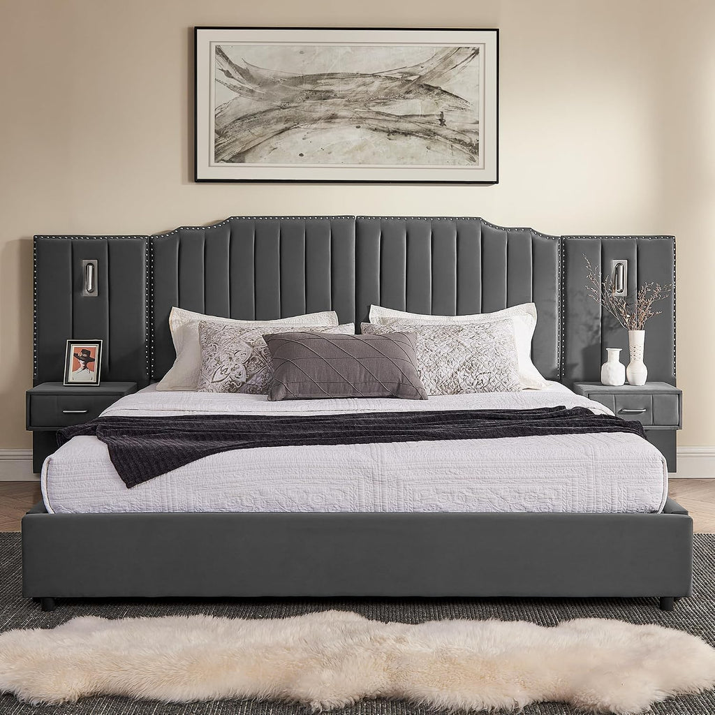 Velvet Upholstered King Size Platform Bed Frame with 48' Tall Headboard, Built-in Nightstands & Storage Drawers, No Box Spring Needed, Modern Gray Bedroom Furniture Set (Gray, King)