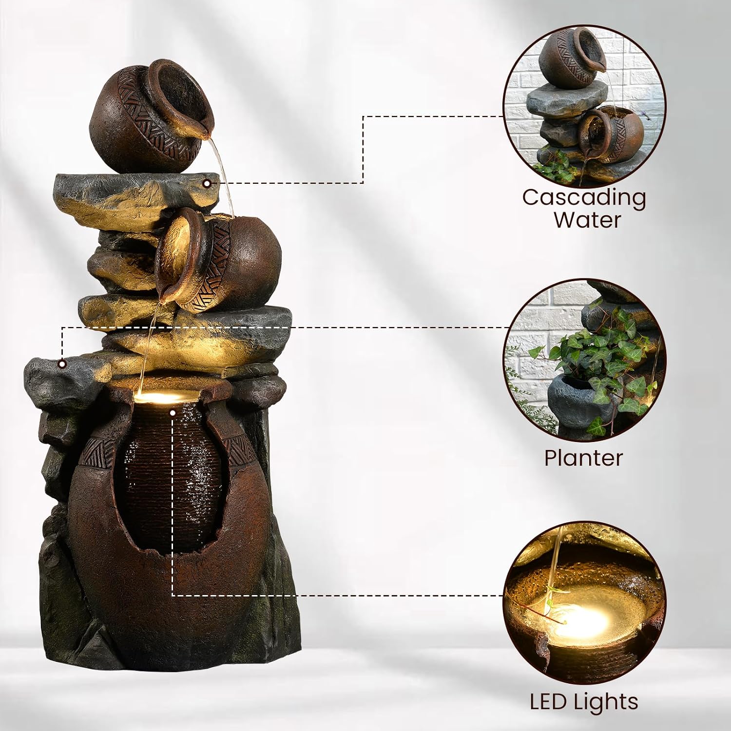Rustic Jar Outdoor Water Fountain with Planter 38.5' Large Tiered Waterfall with Warm LED Lights, Handcrafted Resin Fountain for Zen Garden, Deck & Indoor Home Decor