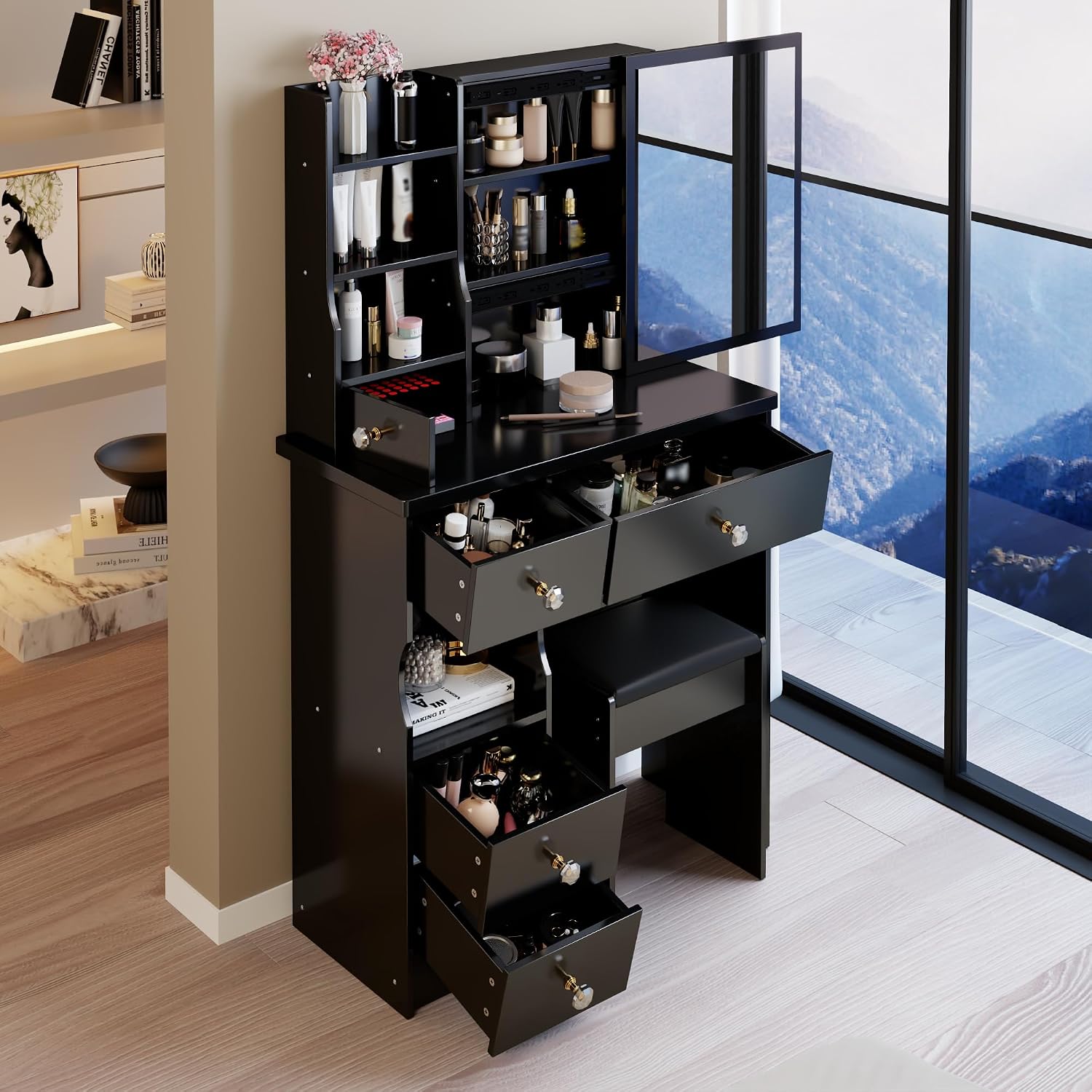 29.2' Small Vanity Desk with Mirror, Makeup Table with Sliding Mirror, Dressing Table with Multi Layer Capacity Storage, Vanity Set with 5 Drawers and Stool for Small Space Bedroom, Black