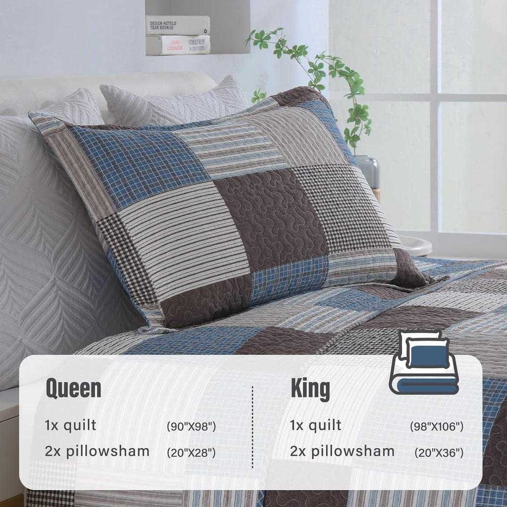 Y-PLWOMEN 100% Cotton Farmhouse Plaid Lightweight 3-Pieces Quilt Set (Blue Brown, King98 * 106 Inch)