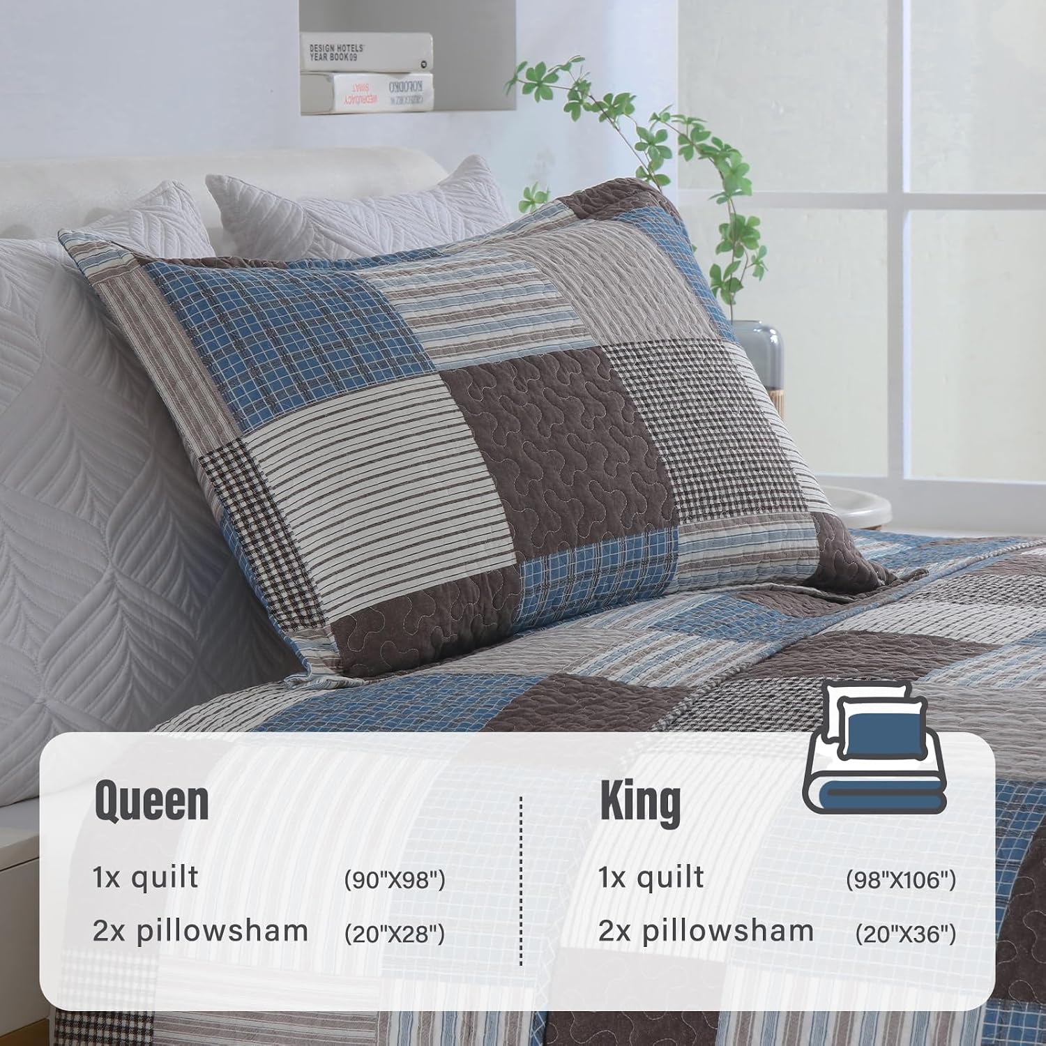 Y-PLWOMEN 100% Cotton Farmhouse Plaid Lightweight 3-Pieces Quilt Set (Blue Brown, King98 * 106 Inch)