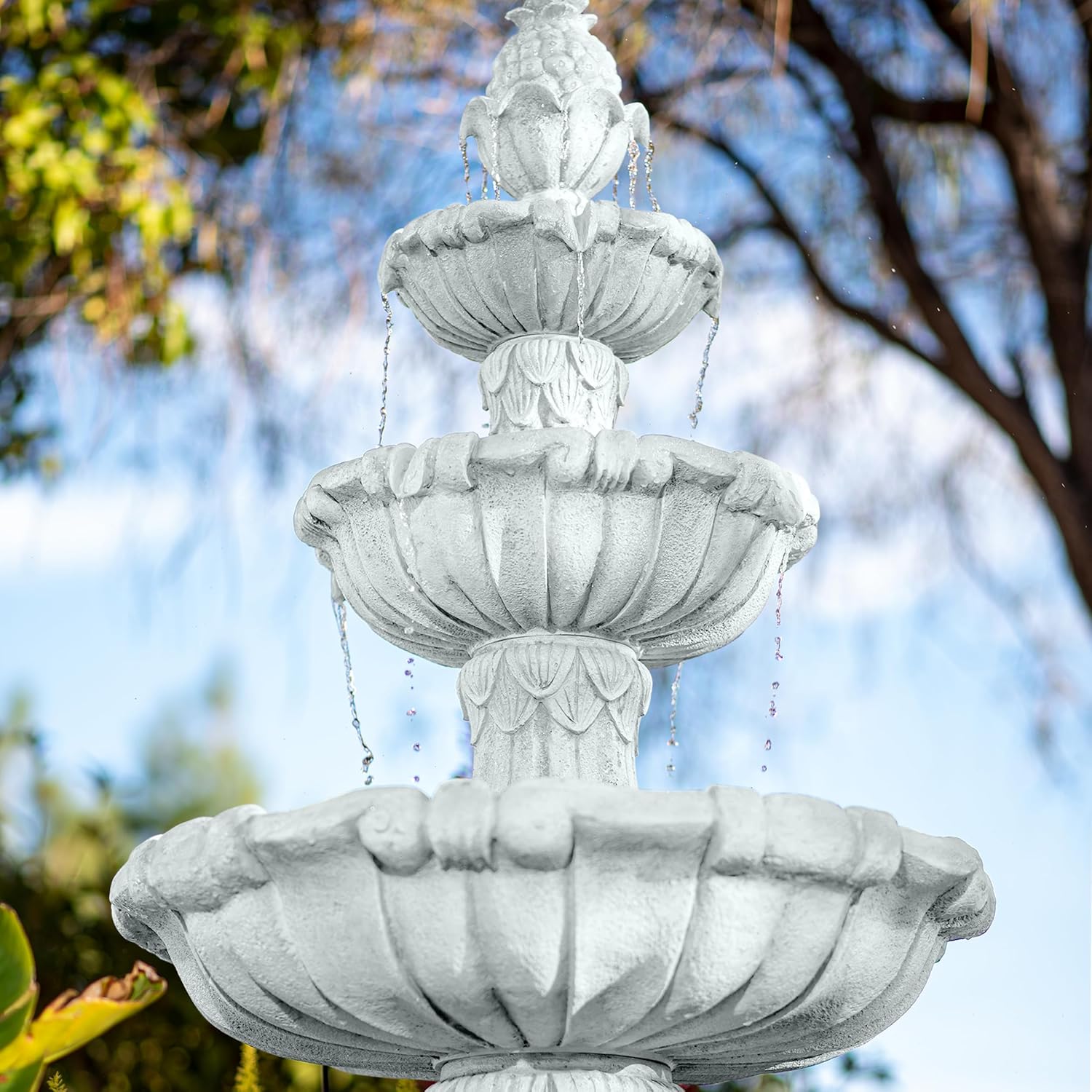 XBrand 58.3' 3-Tier Outdoor Freestanding Water Fountain - Classic Leaf Design, White Resin, Large Bird Bath with Pump - Ideal for Yard, Lawn and Garden, Porch Décor
