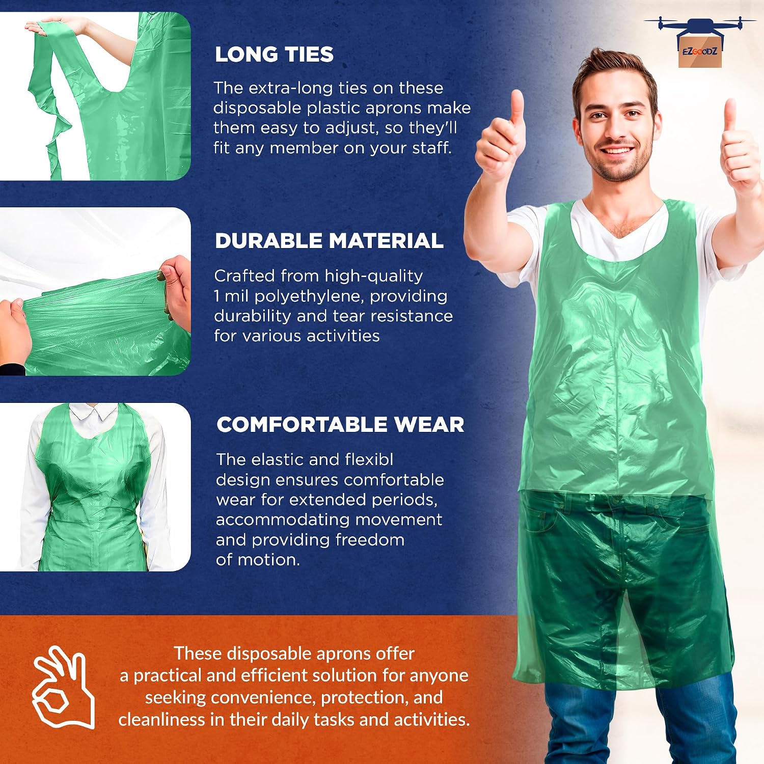 EZGOODZ Disposable Aprons, Green 28 x 46 Inch Plastic Disposable Aprons, 1 Mil Polyethylene Apron with Extra Long Ties, Pack of 1 000 Pieces