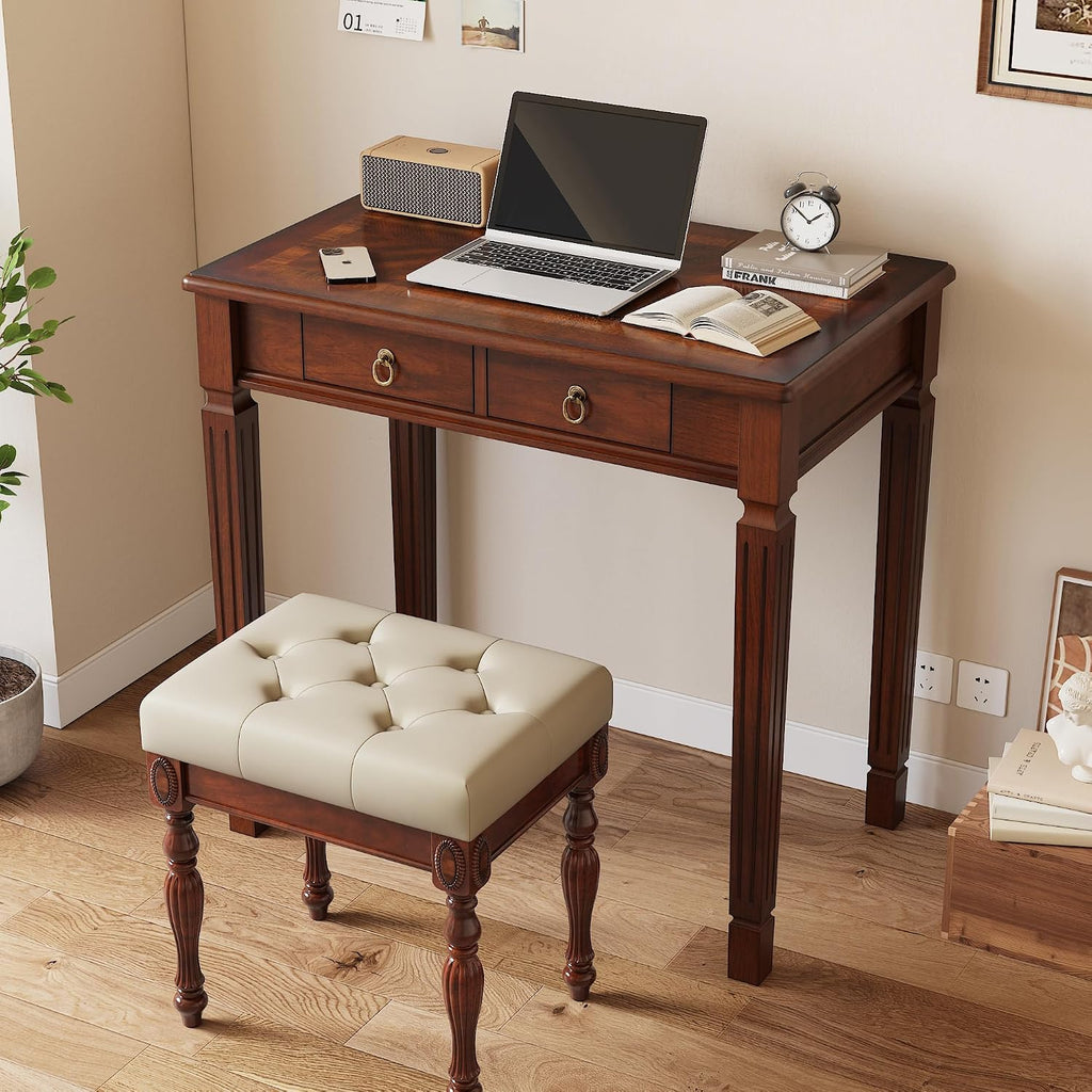 Solid Wood Makeup Vanity Table Set, 31.5' Wide Dressing Vanity Table with 2 Drawers and Vanity Bench Stool Writing Desk with Solid Wood Legs & Button Tufted Cushioned Stool, Cherry&Beige