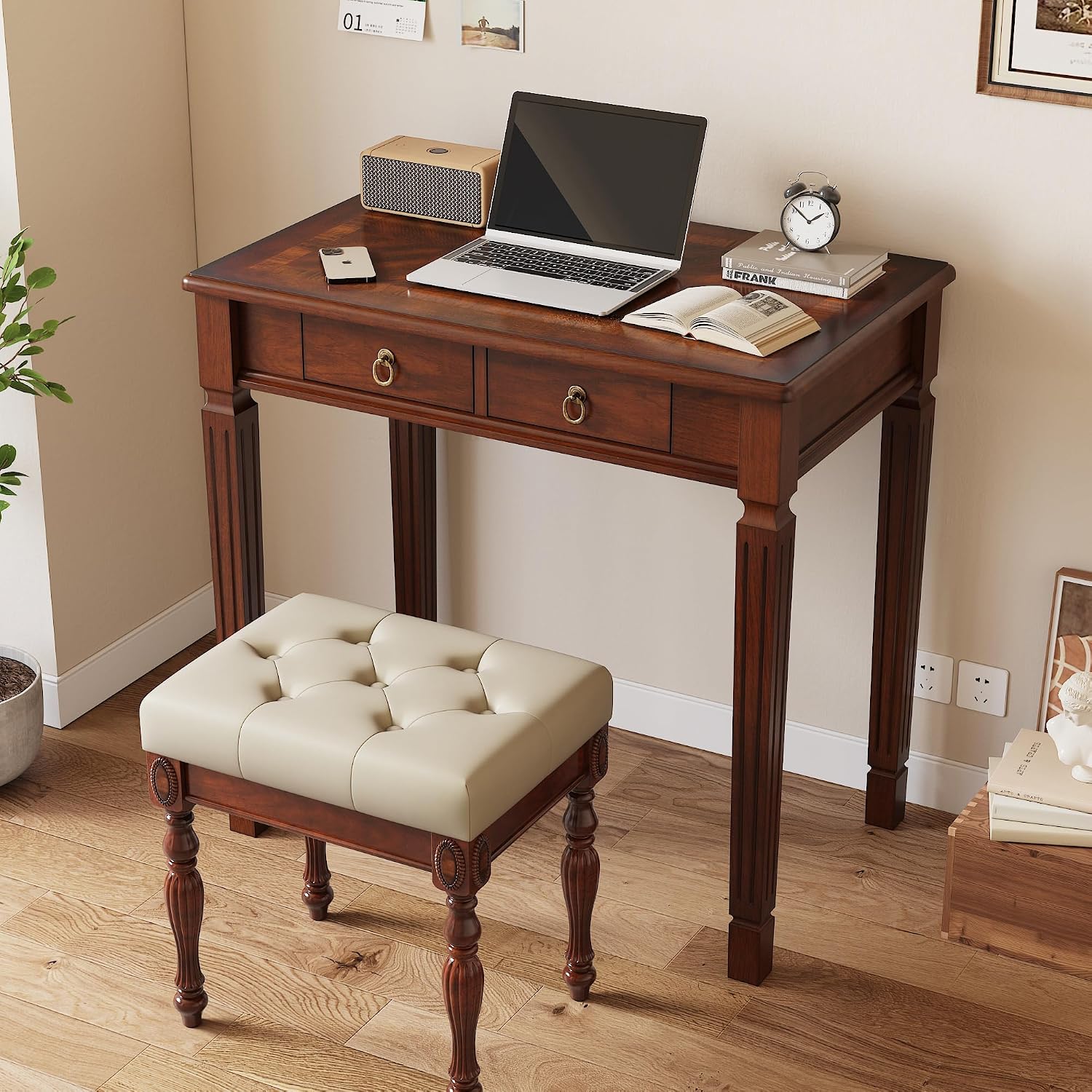 Solid Wood Makeup Vanity Table Set, 31.5' Wide Dressing Vanity Table with 2 Drawers and Vanity Bench Stool Writing Desk with Solid Wood Legs & Button Tufted Cushioned Stool, Cherry&Beige