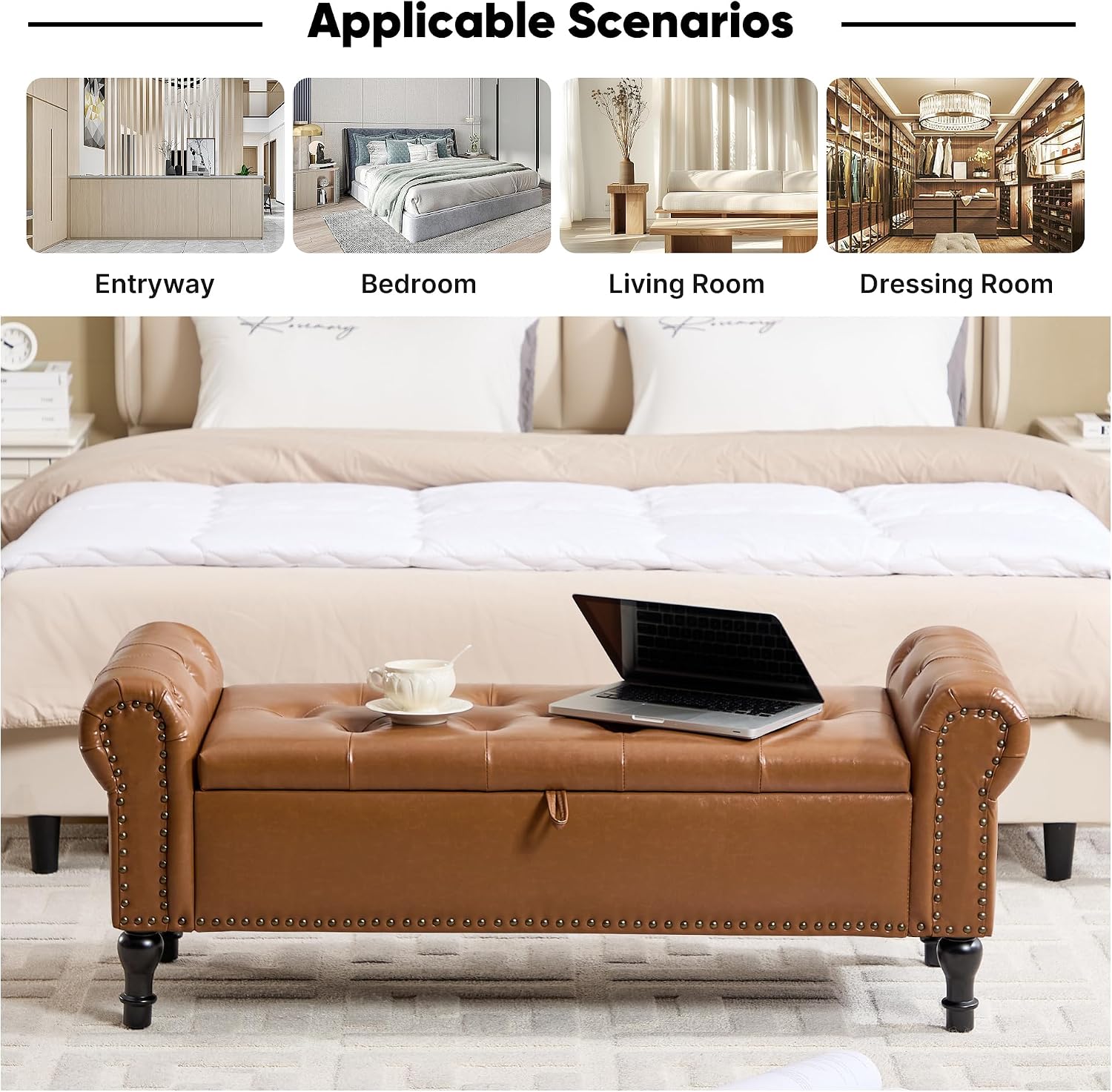Storage Bench for Bedroom, 51' Upholstered End of Bed Bench, Faux Leather Queen Size Benches with Rolled Arms, Tufted Button Storage Long Ottoman, Living Room, Entryway, Brown