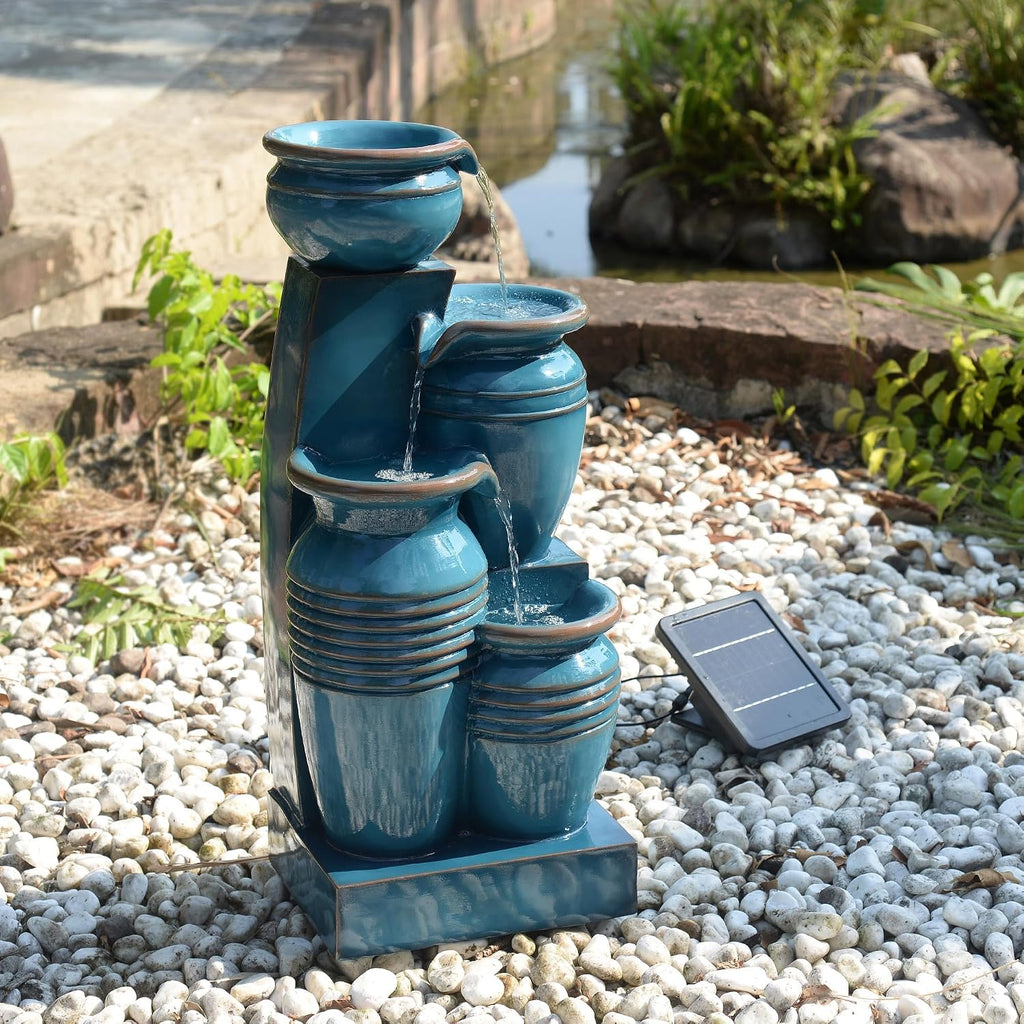 Teamson Home 28.7' 4-Tier Cascading Bowl Solar Powered Water Fountain for Outdoor Living Spaces, Blue