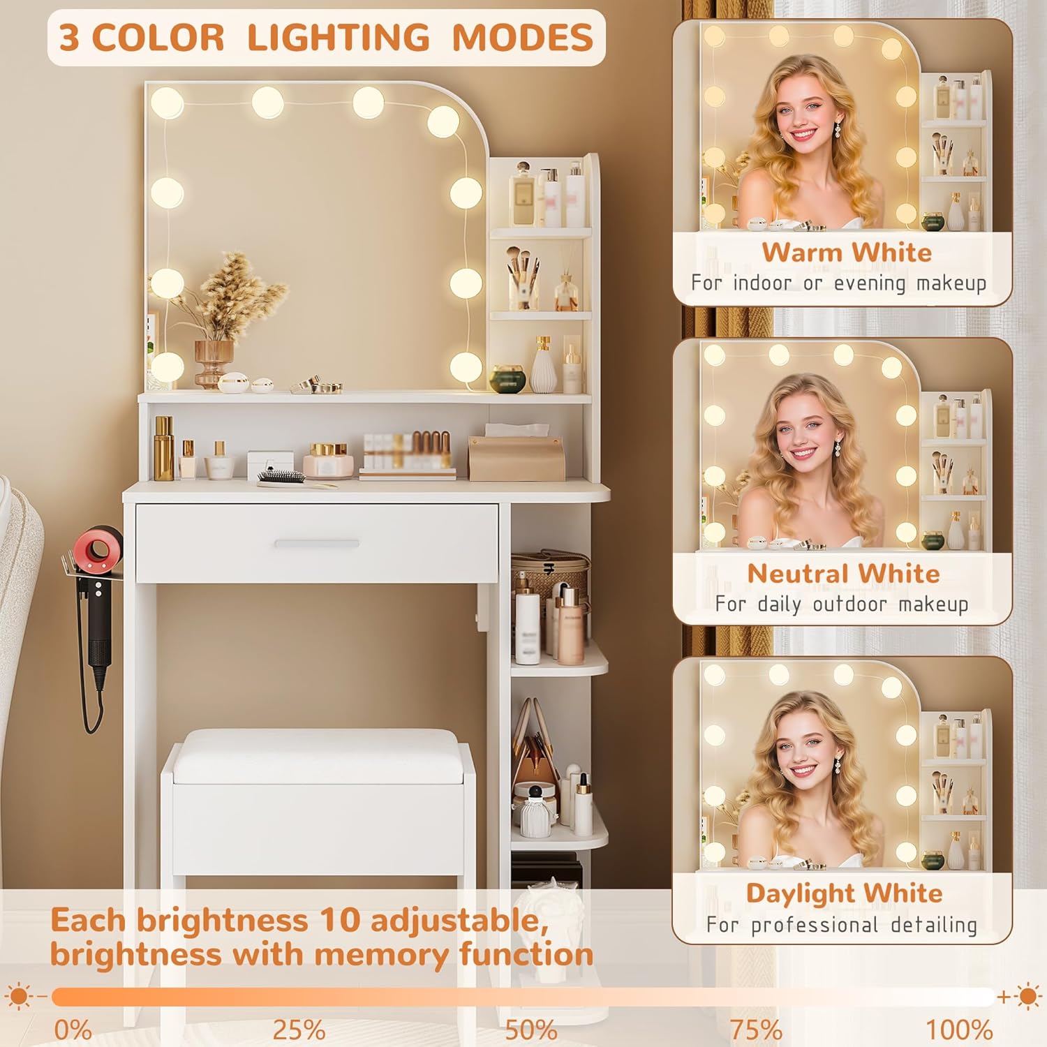 wanan Makeup Vanity with Chair, Small Vanity Desk with Mirror and Lights 3 Colors, Girls Vanity Set with Power Outlet, Compact Vanity Table for Small Space, White