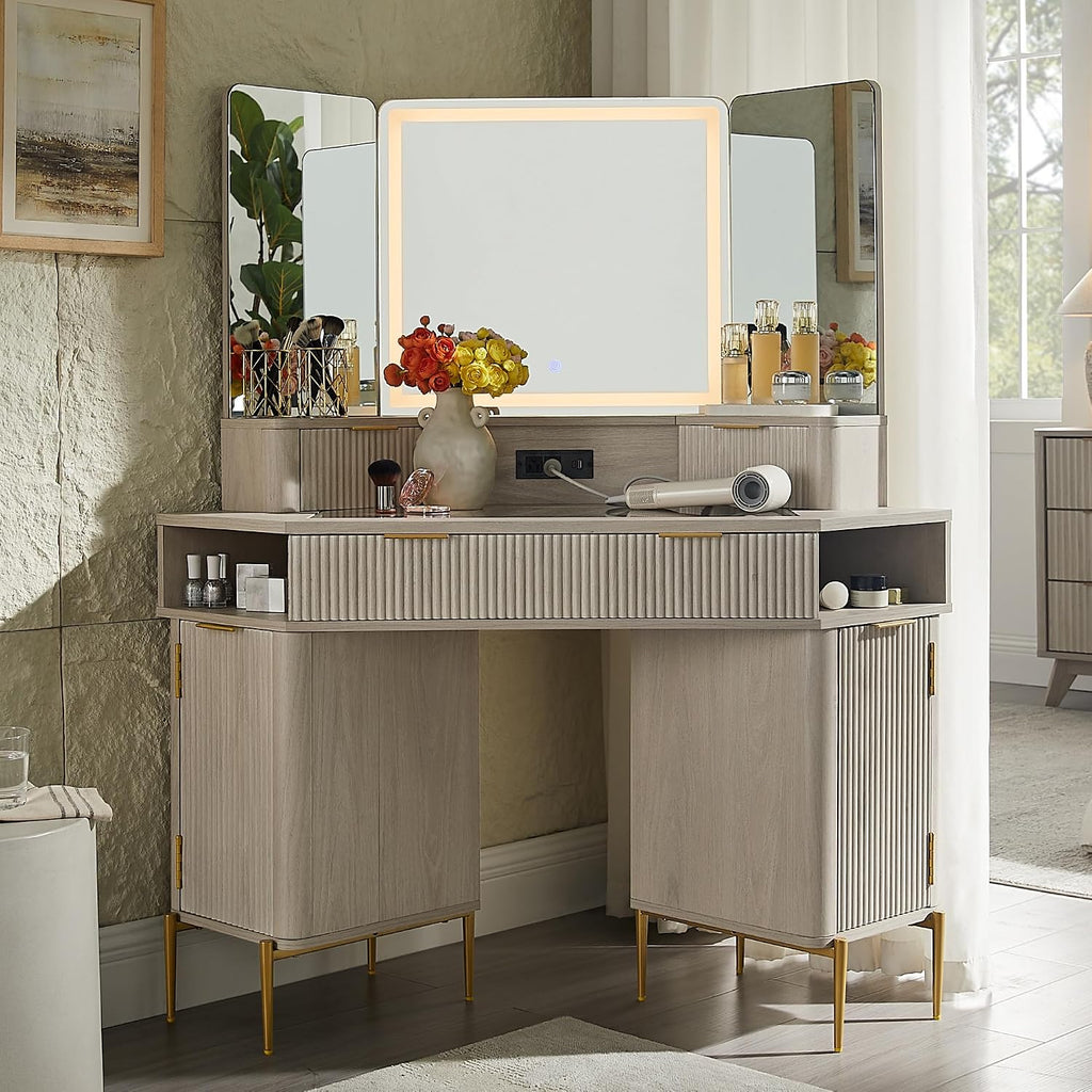 T4TREAM 48' Fluted Makeup Vanity Desk with HD Triple Mirror and Lights, Large Lighted Corner Vanity with Glass Top, Modern Dressing Table with 3 Drawers & 2 Cabinets for Bedroom, White Alder