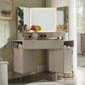 T4TREAM 48' Fluted Makeup Vanity Desk with HD Triple Mirror and Lights, Large Lighted Corner Vanity with Glass Top, Modern Dressing Table with 3 Drawers & 2 Cabinets for Bedroom, White Alder