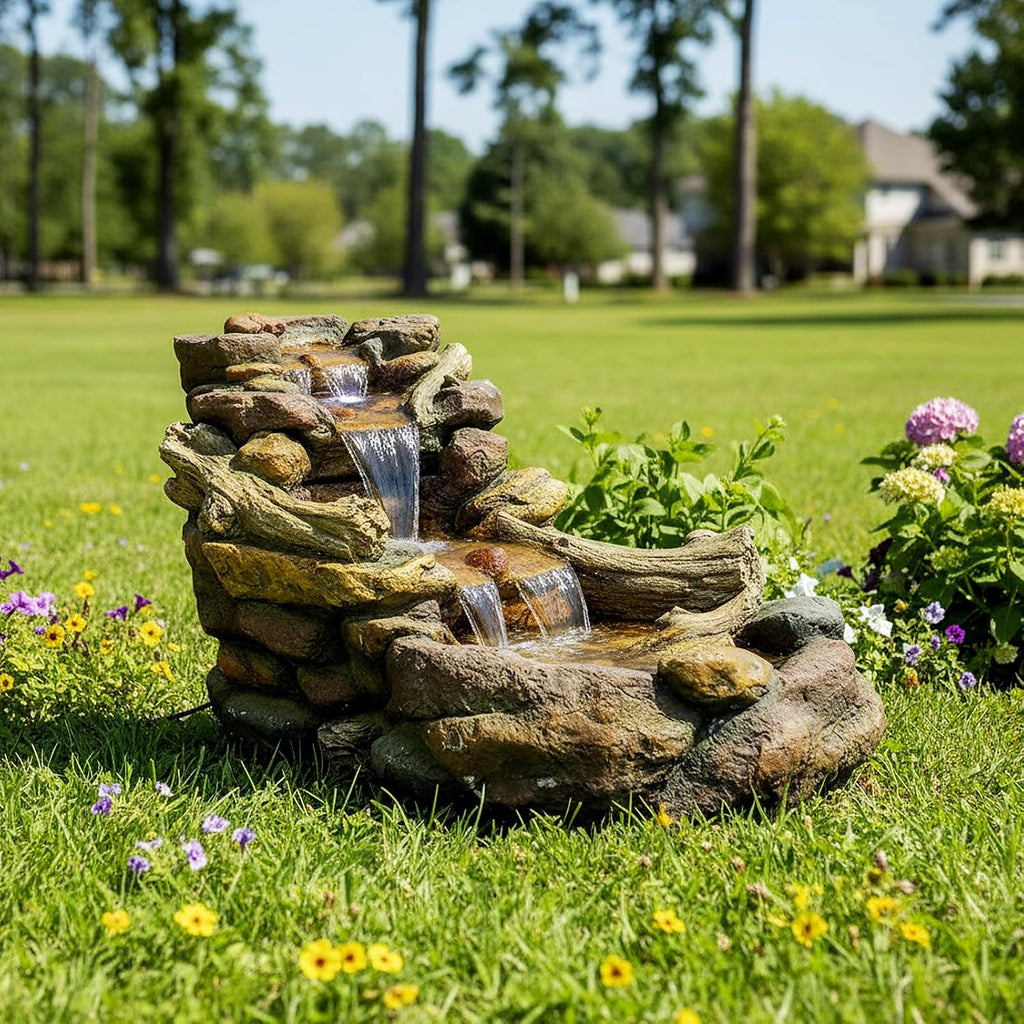 Naturefalls 39' Length Outdoor Rock Water Fountain with LED Lights - 3-Tiers Poly-Resin Cascading Waterfall Fountain for Garden, Patio, Yard, Home Decor