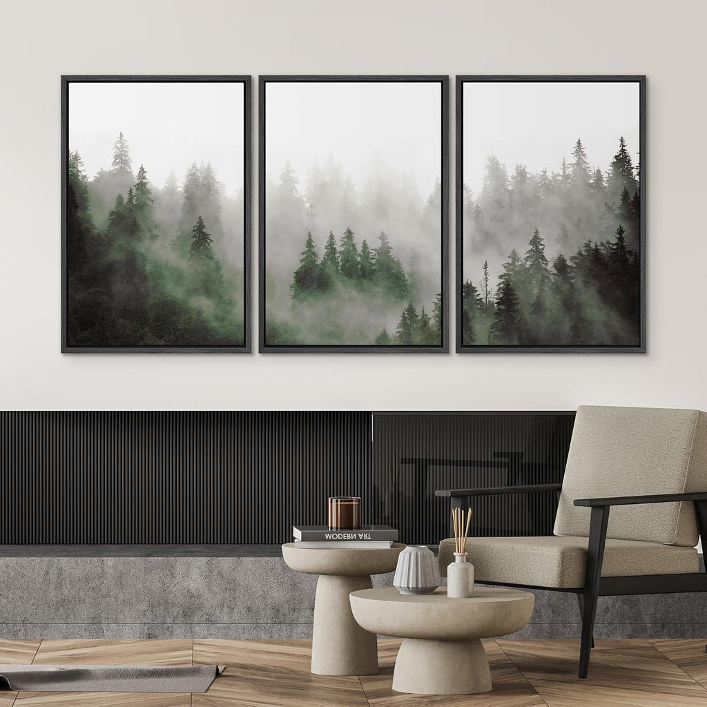 SIGNWIN Framed Canvas Print Wall Art Woodland Nursery Decor Set Fog & Mist Over Green Pine Tree Forest Nature Wilderness Modern Art Chic Landscape for Living Room, Bedroom, Office - 24'x36'x3 Black