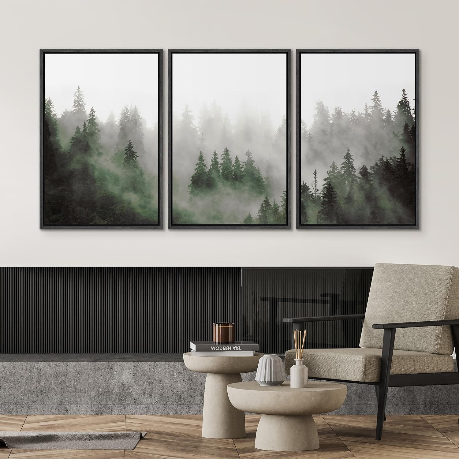 SIGNWIN Framed Canvas Print Wall Art Woodland Nursery Decor Set Fog & Mist Over Green Pine Tree Forest Nature Wilderness Modern Art Chic Landscape for Living Room, Bedroom, Office - 24'x36'x3 Black