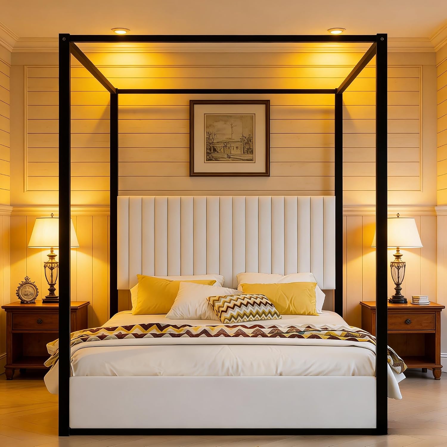LUMISOL Queen Size Upholstered Canopy Bed, Black 4 Poster Bed with Tall Headboard, Velvet Upholstered Canopy Platform Bed with Wood Slats Support, No Box Spring Needed, Black + White