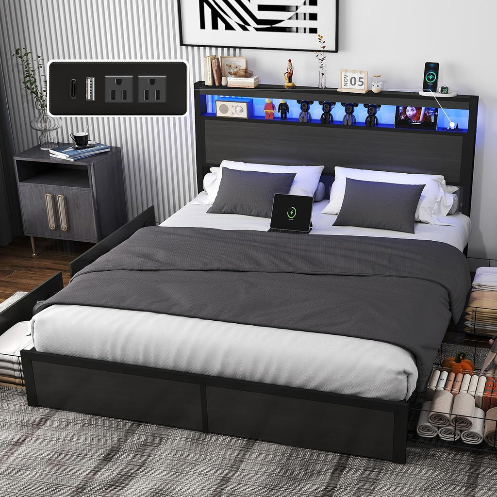 Fabuils Full Size Bed Frame with Storage, LED Wood Bed Platform with Headboard, 4 Drawers, Charging Station, No Box Spring Needed, Metal Support Base,Charcoal Grey