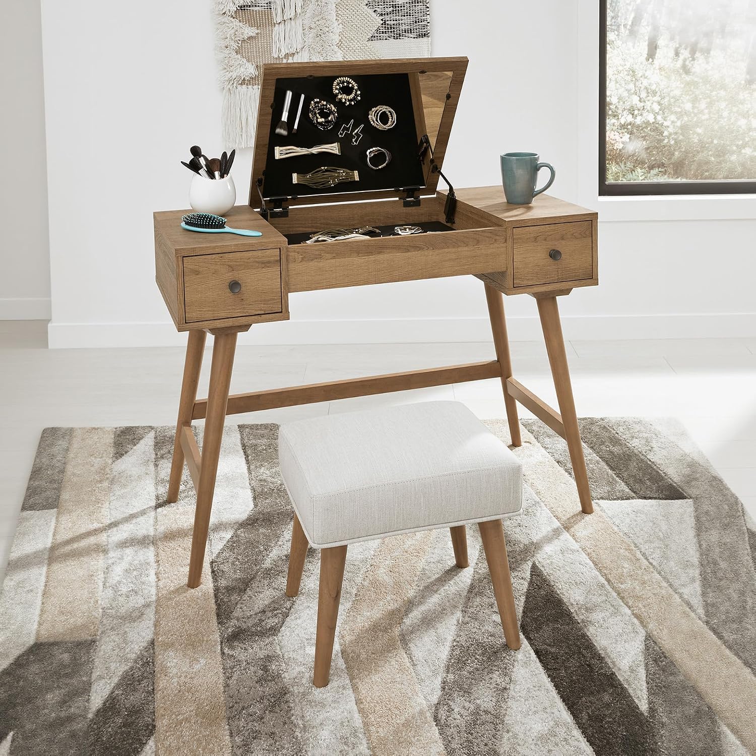 Signature Design by Ashley Thadamere Vanity with Stool, Light Brown & White