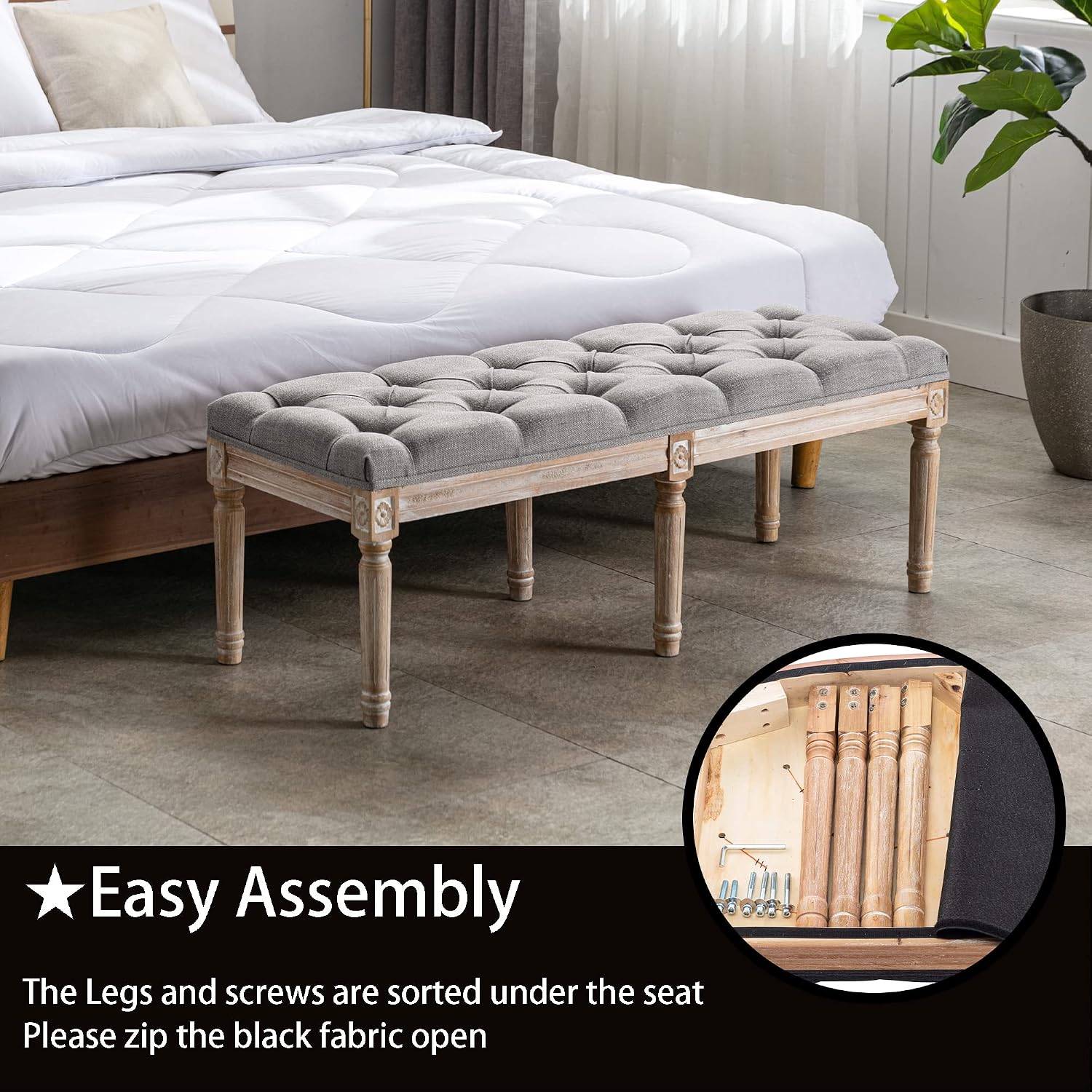 Farmhouse Dining Bench 45' Long Vintage Tufted Bench with Wood Legs Upholstered Entryway Bench Fabric End of Bed Bench for Bedroom Living Room Hallway, Grey