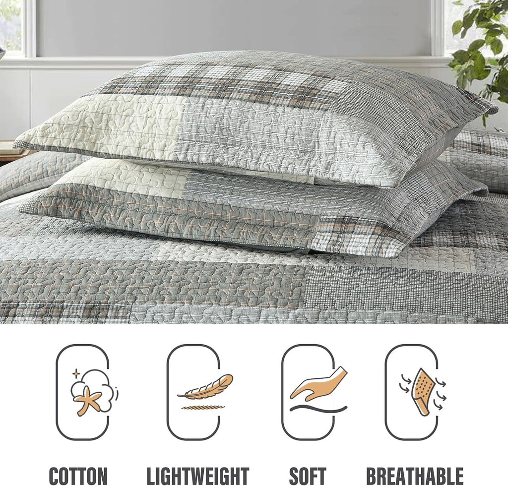 Y-PLWOMEN 100% Cotton King Size Quilt Sets - Soft Plaid King Bedspread, Farmhouse Rustic Lightweight Quilt Bedding Set for All Season, 3-Pieces