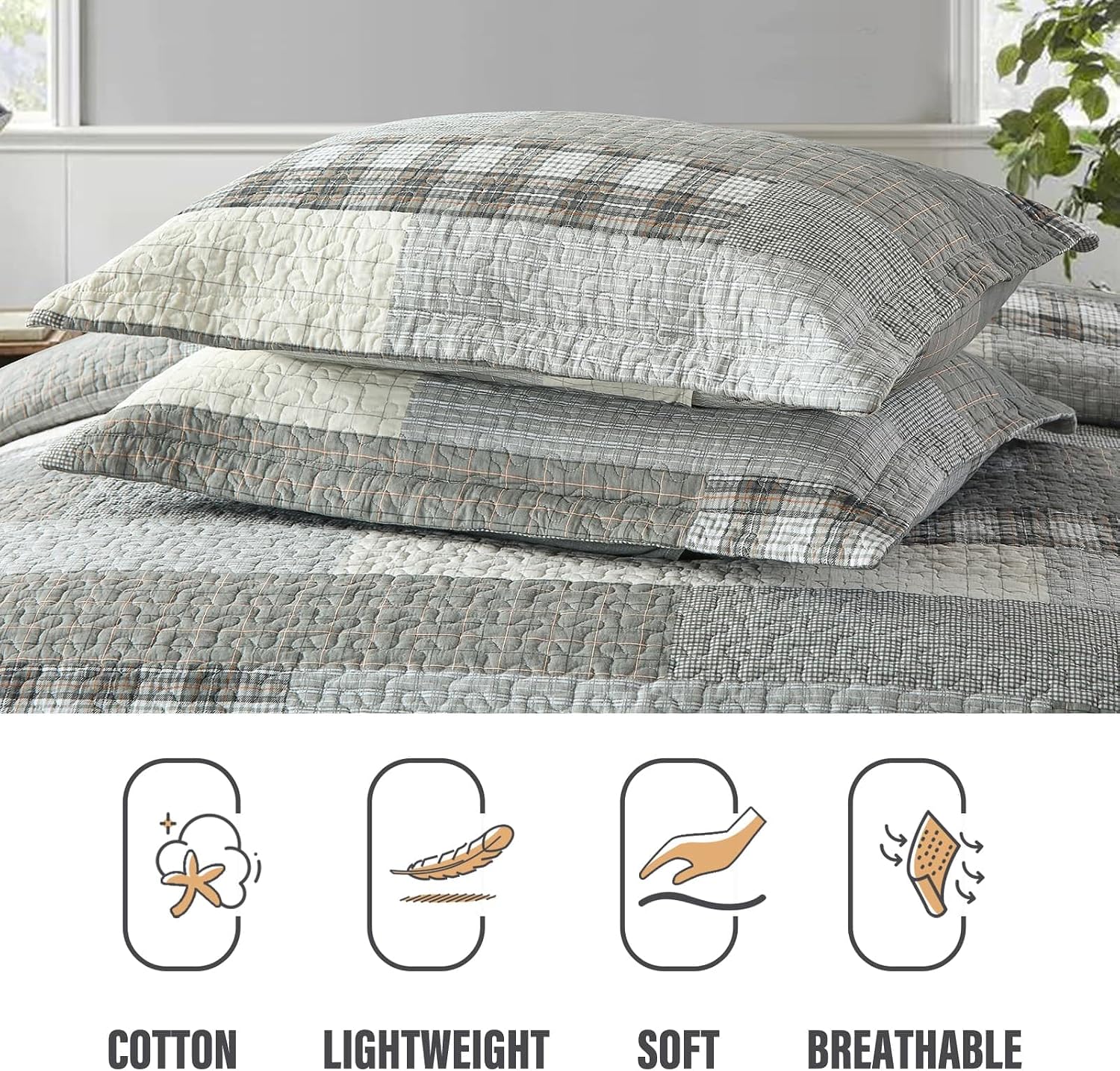 Y-PLWOMEN 100% Cotton King Size Quilt Sets - Soft Plaid King Bedspread, Farmhouse Rustic Lightweight Quilt Bedding Set for All Season, 3-Pieces