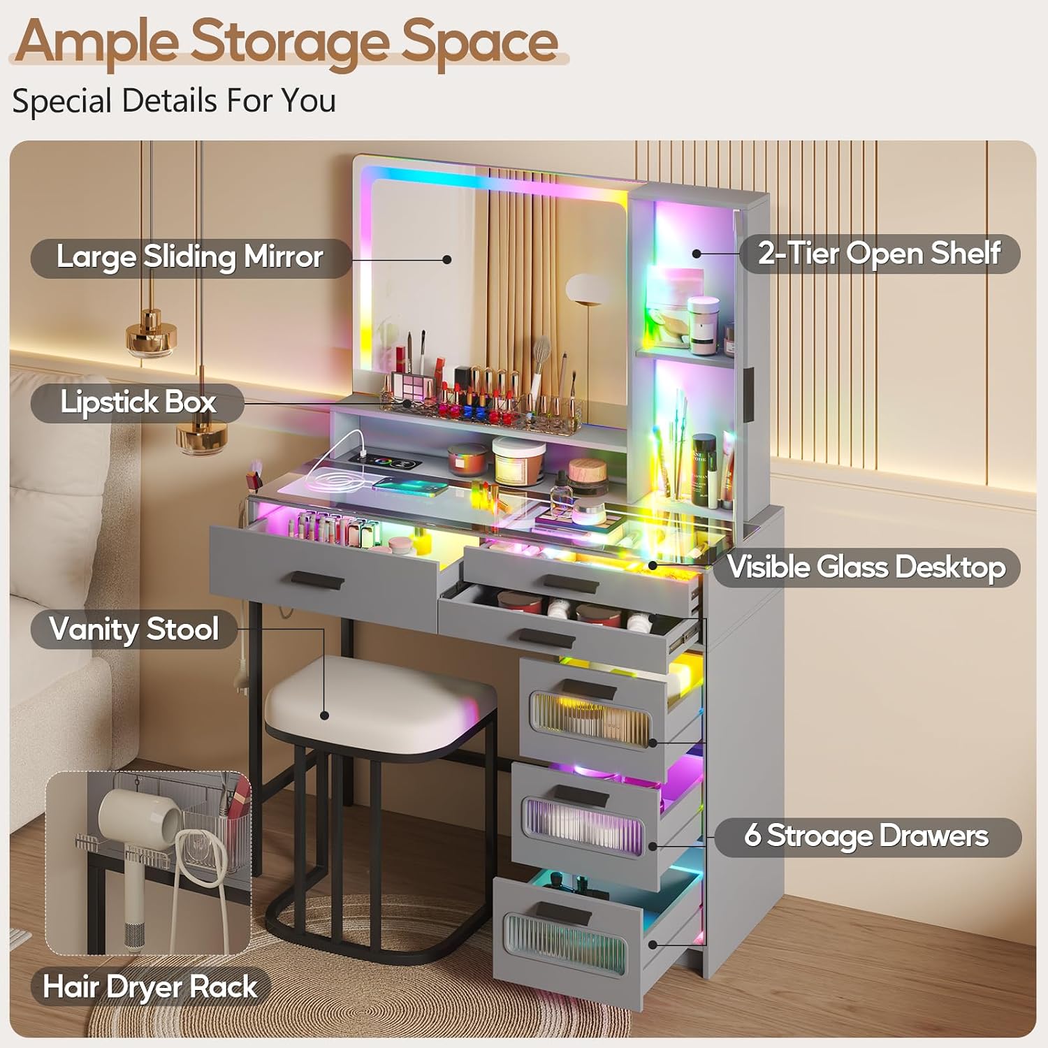 RGB Vanity Desk with Mirror and Lights, Glass Top Makeup Vanity with 6 Drawers & Wireless Charging,Vanity Table Set with RGB Cabinet Light and Jewelry Box, for Girls Bedroom,Grey