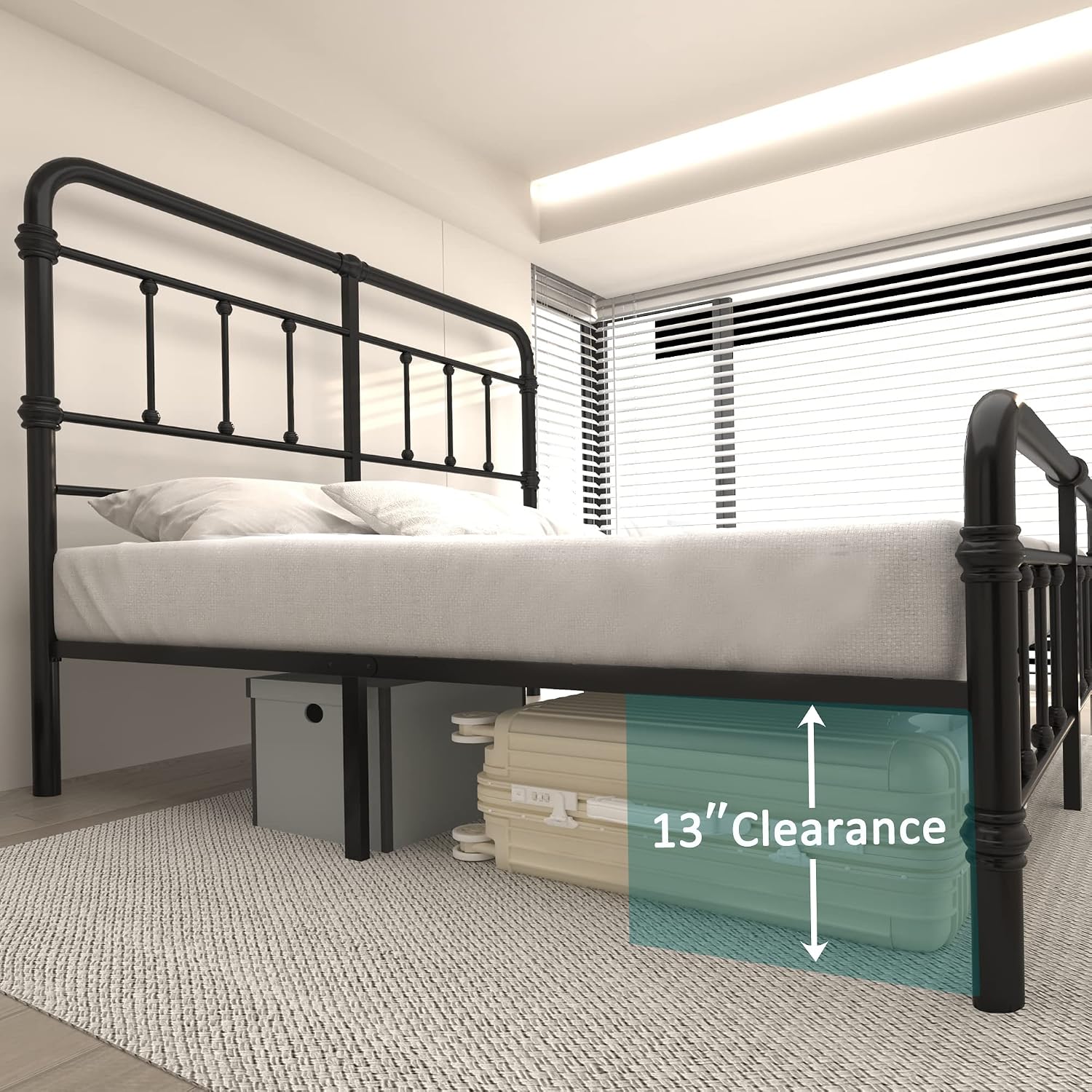 King-Size-Bed-Frame and headboard Giselle-Vintage Antique-Metal - Iron Platform Mattress Foundation,49 inch High,No Box Spring Needed(Black)