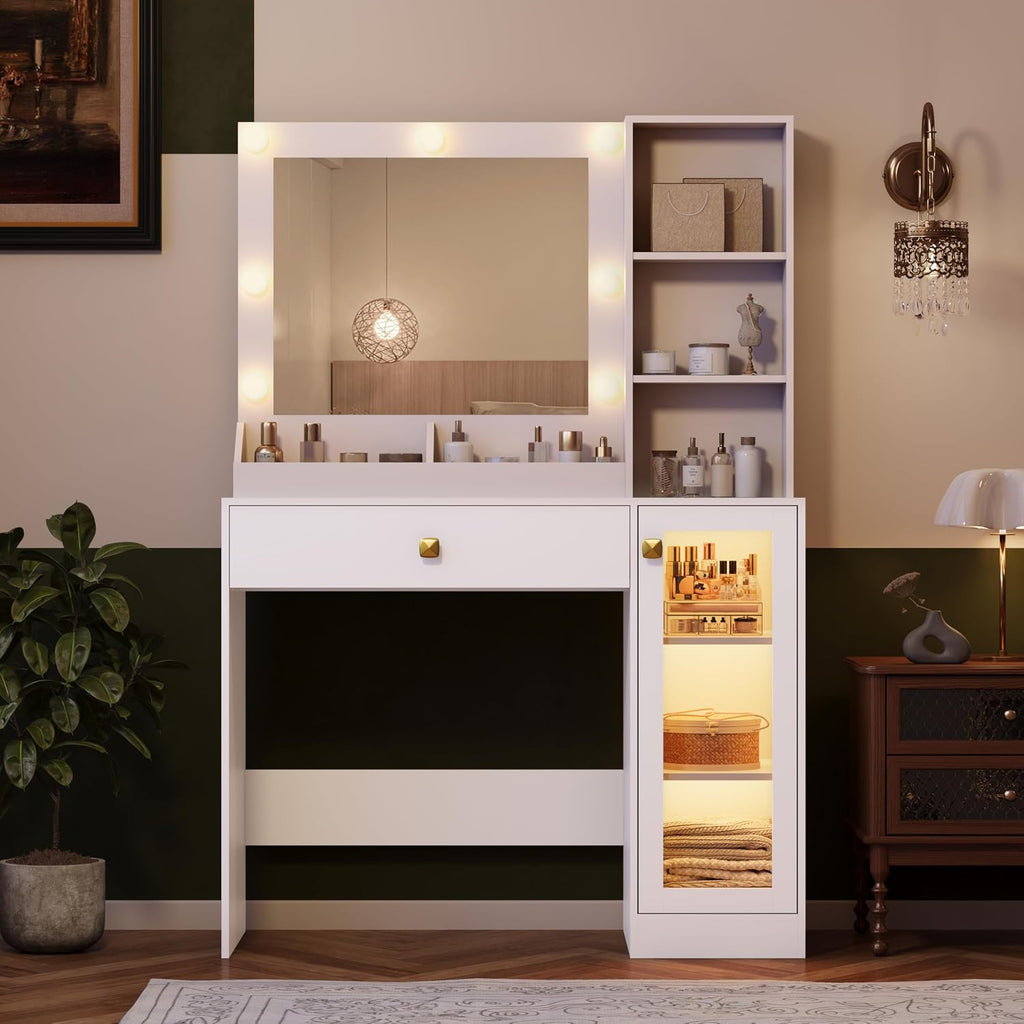 Wodeer Small Makeup Vanity Desk with Mirror and Lights, Vanity with Glass Cabinet, LED Lights & Power Outlet, Drawer & RGB Glass Cabinets, Adjustable Lighted Dressing Table for Women & Girls Bedroom