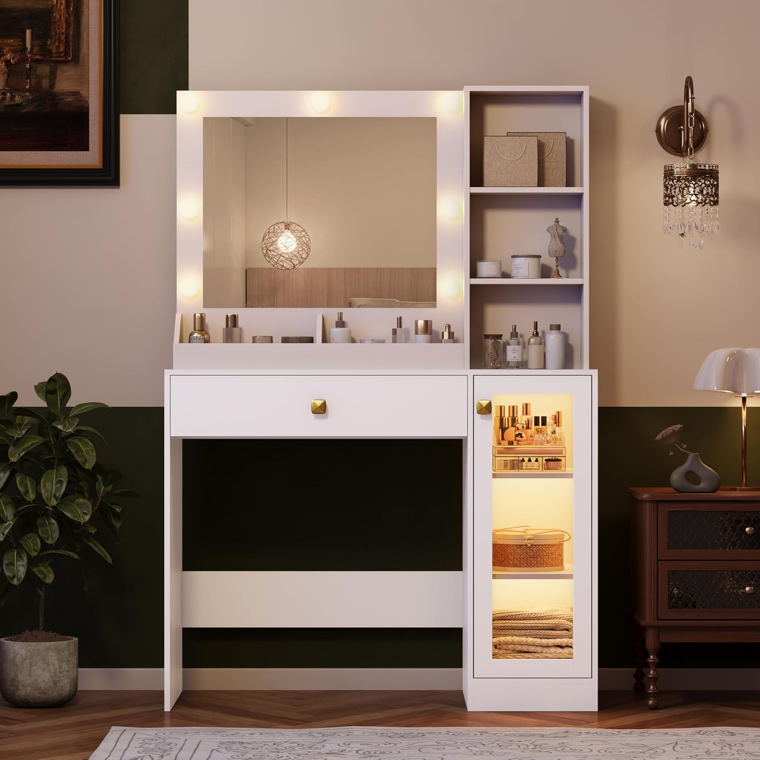 Wodeer Small Makeup Vanity Desk with Mirror and Lights, Vanity with Glass Cabinet, LED Lights & Power Outlet, Drawer & RGB Glass Cabinets, Adjustable Lighted Dressing Table for Women & Girls Bedroom