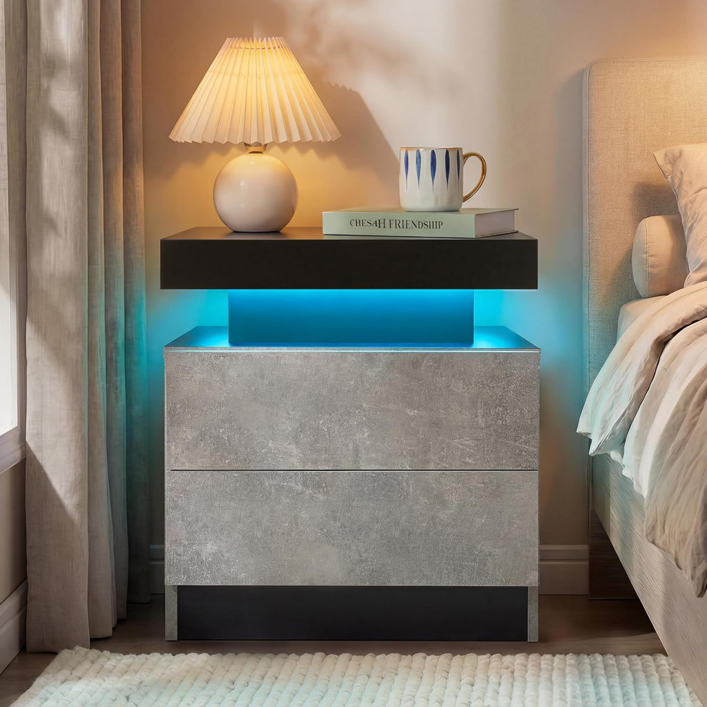 i-aplus Nightstand Set of 2 LED Nightstand with 2 Drawers, Bedside Table with Drawers for Bedroom Furniture, Side Bed Table with LED Light, Grey Black