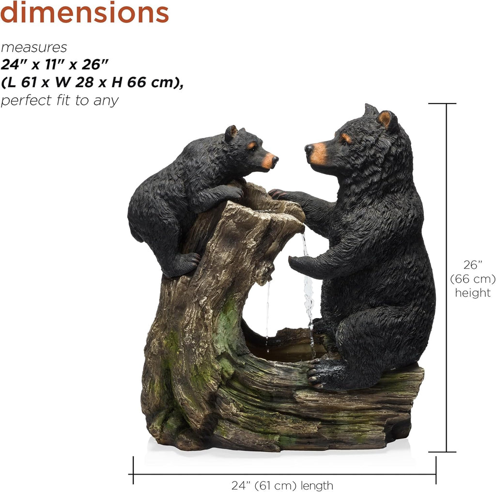 Alpine Corporation USA1132 Indoor/Outdoor Floor Bear and Cub on Log Fountain, Playful Bear and Cub Garden Fountain 26', Black