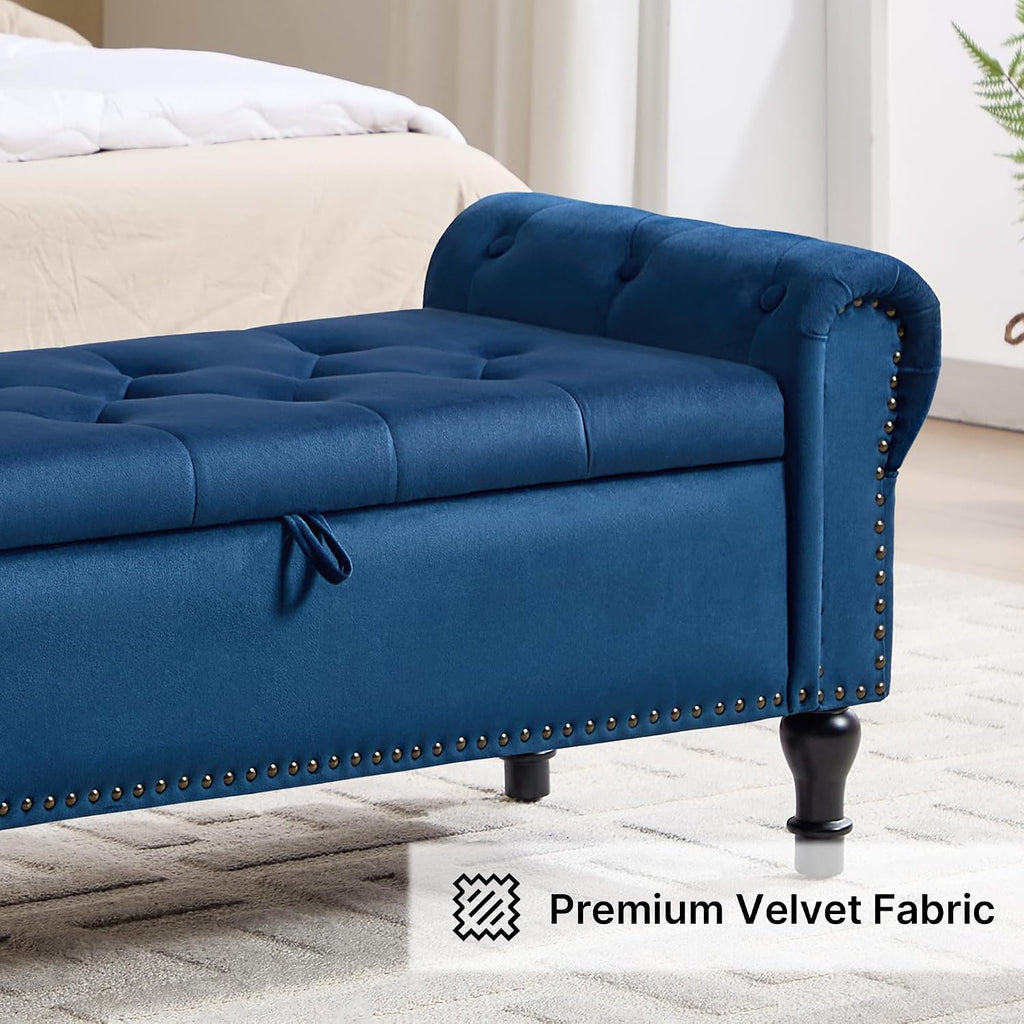 Storage Bench for Bedroom, 51' Upholstered End of Bed Bench, Velvet Queen Size Benches with Rolled Arms, Tufted Button Storage Long Ottoman, Living Room, Entryway, Blue