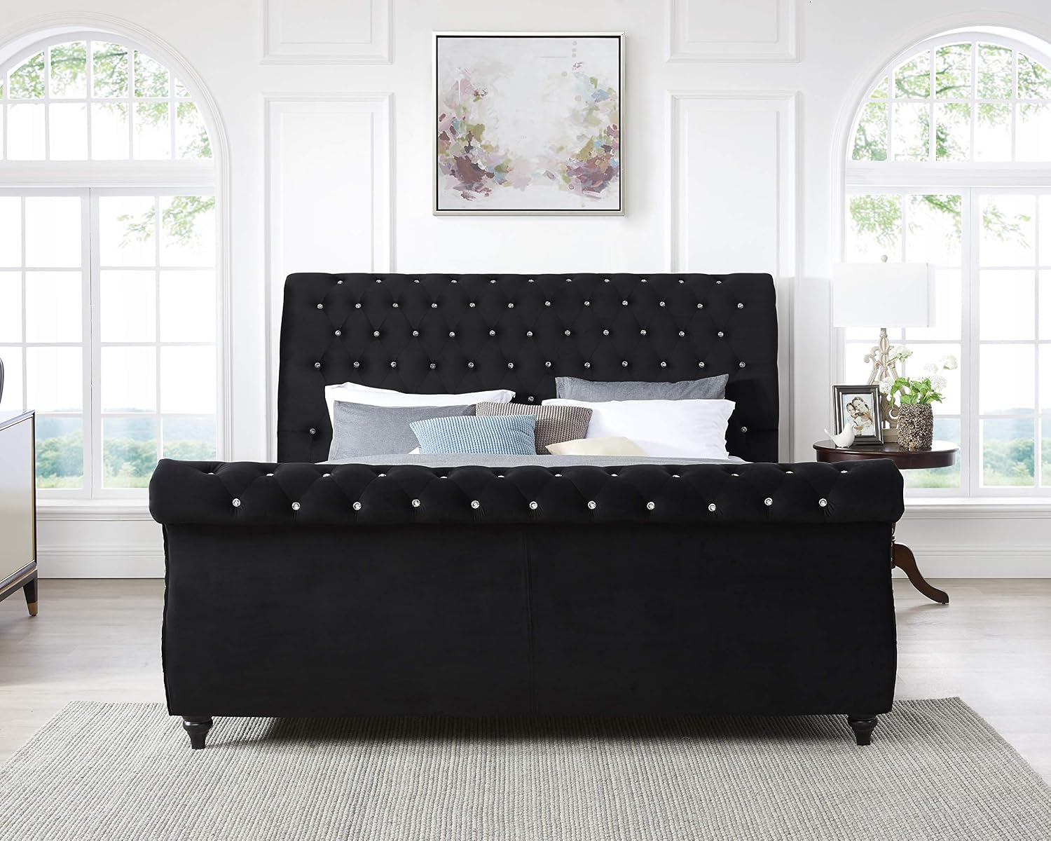 Evora Black Velvet Upholstered Crystal Button Tufted Sleigh Bed, Queen Size