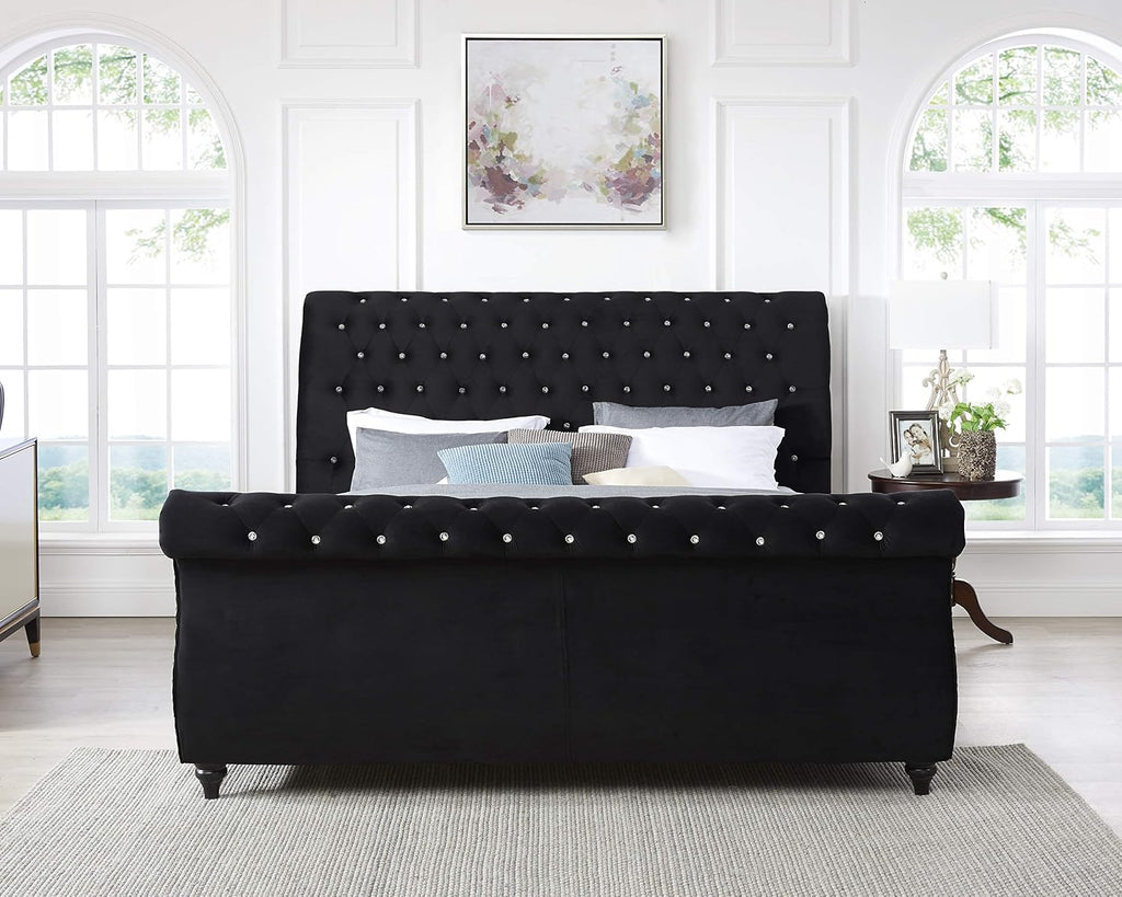 Roundhill Furniture Evora Velvet Upholstered Button Tufted, King, Black