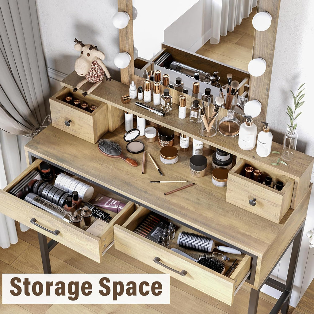 SUNVIVI Vintage Vanity Desk with Lighted Mirror, 40' Large Dressing Makeup Vanity Table with 4 Drawers, 3 Color Lighting Modes & 10 Brightness, Dressing Table with Metal Frame for Woman Adult Bedroom